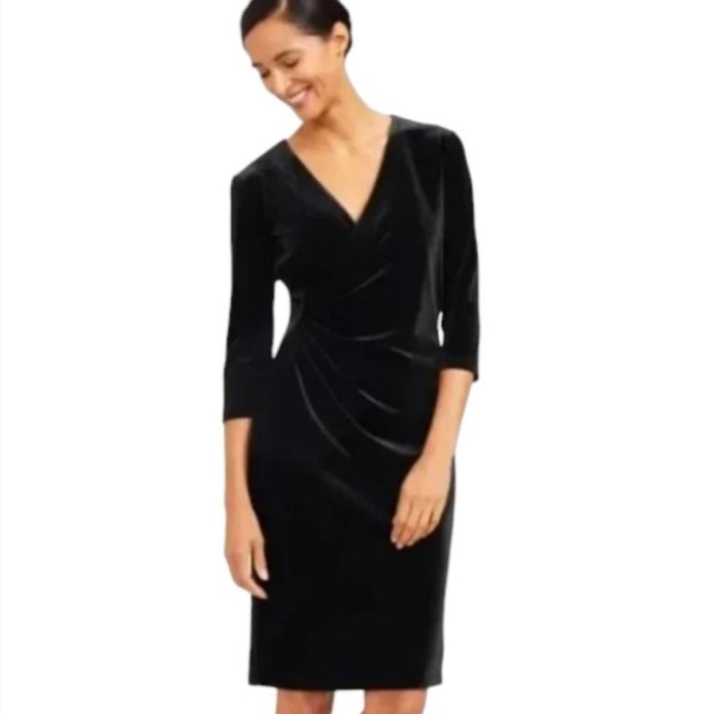 J. McLaughlin Olana Faux Wrap Black Velvet Midi Dress Surplice Neckline Size‎ XS